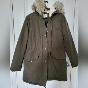 Women's Olive Parka with Faux Fur Hood